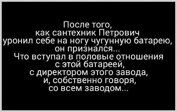 После того как сантехник Петрович уронил себе на ногу чугунную батарею он признался Что вступал в половые отношения с этои батарееи с директором этого завода и собственно говоря со всем заводом