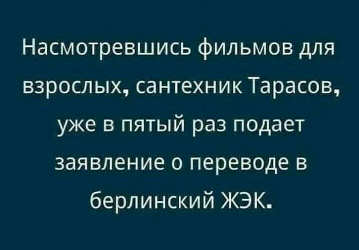Насмотревшись фильмов для взрослых сантехник Тарасов уже в пятый раз подает заявление о переводе в берлинский ЖЭК