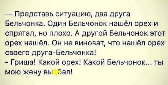 Представь ситуацию два дрУГа Бельчонка Один Бельчонок нашёл орех и спрятал но плохо А другой Бельчонок этот орех нашёл Он не виноват что нашёл орех своего другаБепьчонка Гриша Какой орех Какой Бельчонок ты мою жену выдбап