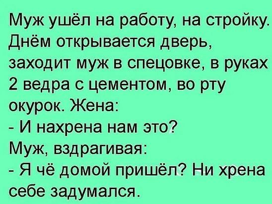 Муж ушёл на работу на стройку Днём открывается дверь заходит муж в спецовке в руках 2 ведра с цементом во рту окурок Жена И нахрена нам это Муж вздрагивая Я чё домой пришёл Ни хрена себе задумался