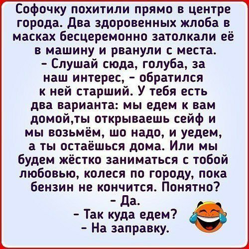 Софочку похитили прямо в центре города два здоровенных жлоба в масках бесцеремонно затолкали её в машину и рванули с места Слушай сюда голуба за наш интерес обратился к ней старший У тебя есть два варианта мы едем к вам домойты открываешь сейф и мы возьмём шо надо и уедем а ты остаешься дома Или мы Будем жёстко заниматься с тобой любовью колеся по городу пока бензин не кончится Понятно Да Так куда