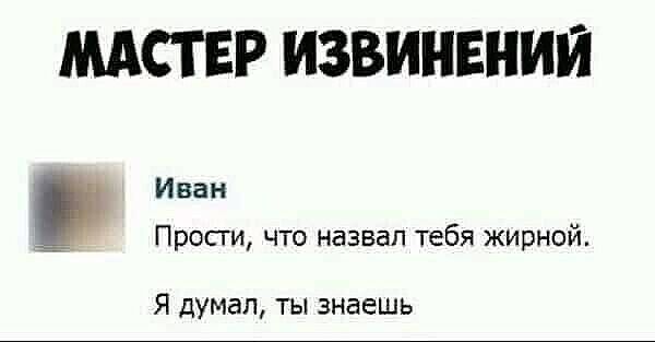 МАСТЕР ИЗВИНЕНИЙ Иван _ Просги что назвал тебя жирной Я думал ты знаешь