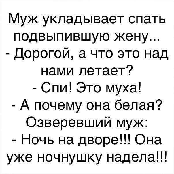 Муж укладывает спать подвыпившую жену Дорогой а что это над нами летает Спи Это муха А почему она белая Озверевший муж Ночь на дворе Она уже ночнушку надела