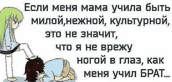 д Если меня мама учила быть милойнежной культурной это не значит что я не врежу _ ногой в глаз как меня учил БРАТ