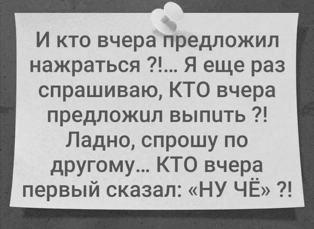 И кто вчера предложил нажраться Я еще раз спрашиваю КТО вчера предложил выпить Ладно спрошу по другому КТО вчера первый сказал НУ ЧЁ