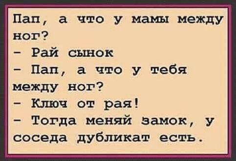 Пап а что у мамы между ног Рай сынок Пап а что у тебя между ног Ключ от рая Тогда меняй замок у соседа дубликат есть