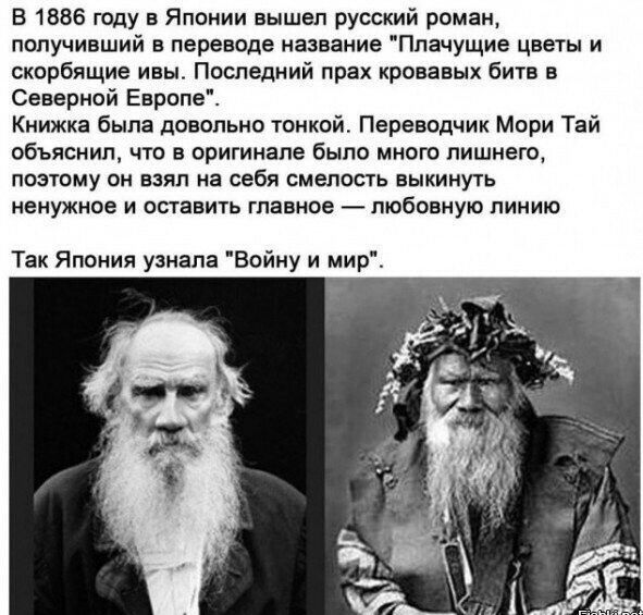 В 1886 году в Японии вышел руоский роман получивший в переводе название Плачущие цветы и скорбящие ивы Последний прах кровавых битв в Северной Европе Книжка была довольно тонкой Переводчик Мори Тай объяснил что в оригинале было много лишнего ПОЭТОМУ Он взял на себя смелость ВЫКИНУТЬ ненужное И ОСТЗВИТЬ главное _ любовную ПИНИЮ Так Япония узнала Войну и мир