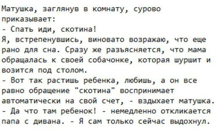 Матушка заглянув в комнату сурово приказывает Спать иди скотина Я встрепенувшись виновато возражаю что еще рано для сна Сразу же разъясняется что мама обращалась к своей собачонке которая шуршит и возится под столом Вот так растишь ребенка любишь а он все равно обращение скотина воспринимает автоматически на свой счет вздыхает матушка Да что там ребенок немедленно откликается папа с дивана Я сам т