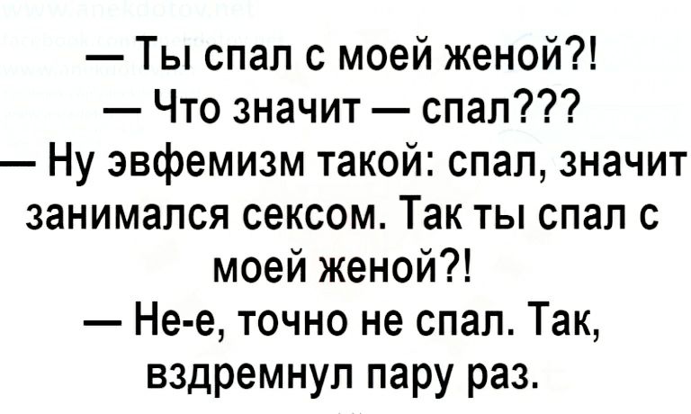 Ты спал с моей женой Что значит спал Ну эвфемизм такой спал значит занимался сексом Так ты спал с моей женой Не е точно не спал Так вздремнул пару раз