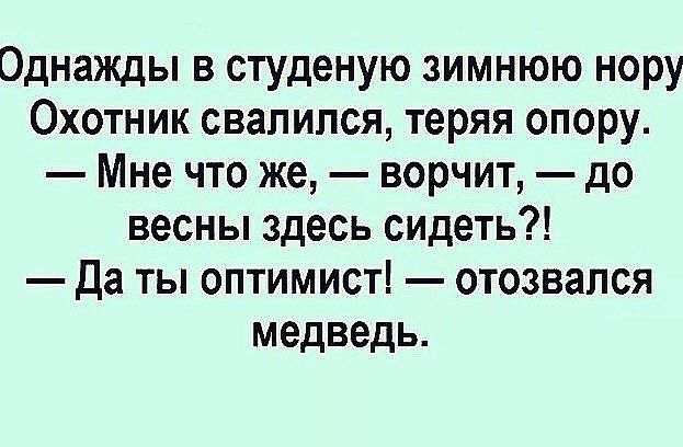 Однажды в студеную зимнюю нору Охотник свалился теряя опору Мне что же ворчит до весны здесь сидеть Да ты оптимист отозвался медведь