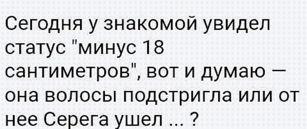 Сегодня у знакомой увидел статус минус 18 сантиметров вот и думаю она волосы подстригла или от нее Серега ушел