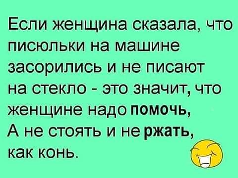 Если женщина сказала что писюпьки на машине засорипись и не писают на стекло это значит что женщине надо помочь А не стоять и не ржать как конь