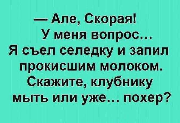 Але Скорая У меня вопрос Я съел селедку и запил прокисшим молоком Скажите клубнику мыть или уже похер
