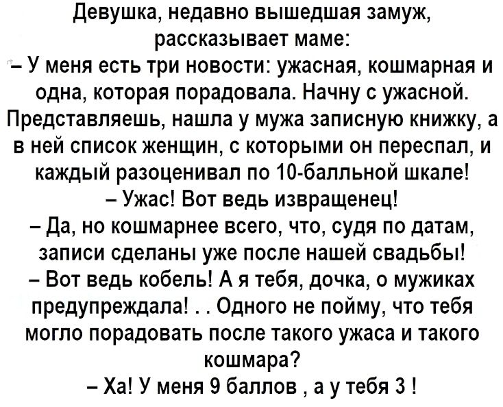 Девушка недавно вышедшая замуж рассказывает маме У меня есть три новости ужасная кошмарная и одна которая порадовала Начну с ужасной Представляешь нашла у мужа записную книжку а в ней список женщин с которыми он переспал и каждый разоценивал по 10 балльной шкале Ужас Вот ведь извращенец Да но кошмарнее всего что судя по датам записи сделаны уже после нашей свадьбы Вот ведь кобель А я тебя дочка о 