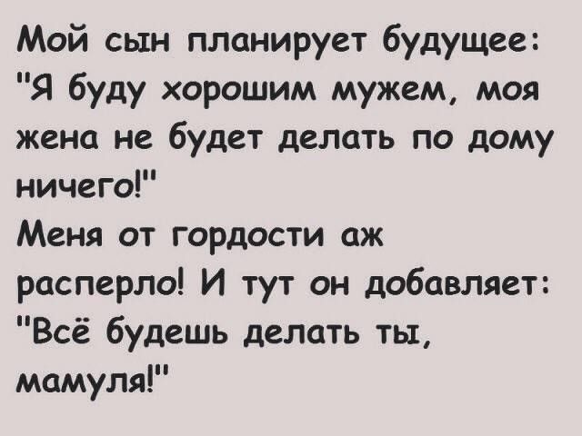 Мой сын планирует будущее Я буду хорошим мужем моя жена не будет делать по дому ничего Меня от гордости аж расперло И тут он добавляет Всё будешь делать тьт мамуля