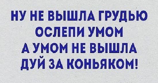 Умом вышли. Ну не вышла грудью, ослепи умом. А умом не вышла-дуй за коньяком!. Ослепленный разум.