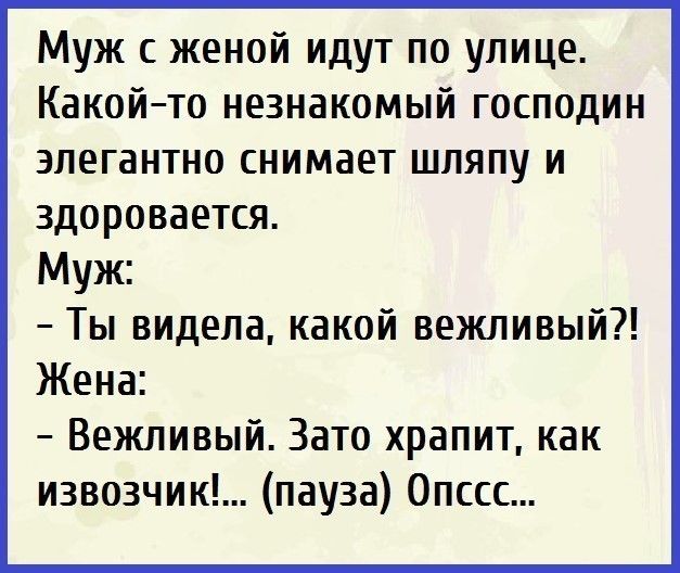 Муж женой идут по улице Какойто незнакомый господин элегантно снимает шляпу и здоровается Муж Ты видела какой вежливый Жена Вежливый Зато храпит как извозчик пауза Опссс