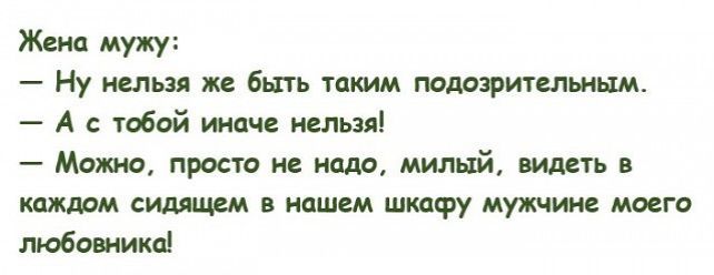 Жена мужу Ну нельзя же быть таким подозрительным А с тобой иначе нельзя Можно просто не надо милый видеть в каждом сидящм в нашем шкафу мужчине моего любови нико