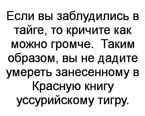 Если вы заблудились в тайге то кричите как можно громче Таким образом вы не дадите умереть занесенному в Красную книгу уссурийскому тигру