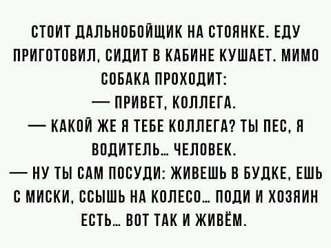 СТОИТ ЛАЛЬНОБОИЩИК НА ВТОИНКЕ ЕЛУ ПРИГОТОВИЛ СИЛИТ В КАБИНЕ КУШАЕТ МИМО СОБАКА ПРОХОДИТ ПРИВЕТ КОЛПЕГА КАКОЙ ЖЕ О ТЕБЕ КОЛЛЕГА ТЫ ПЕДП ВОДИТЕЛЬ ЧЕЛОВЕК НУ ТЫ БАМ ПОЕУЛИ ЖИВЕШЬ В БУЛКЕ ЕШЬ с МИВКИ ВБЫШЬ НА КОЛЕСО ПОЛИ И ХОЗЯИН ЕСТЬ ВОТ ТАК И ЖИВЕМ