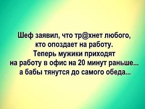 Шеф заявил что трхнет любого кто опоздает на работу Теперь мужики приходят на работу в офис на 20 минут раньше а бабы тянутся до самого обеда