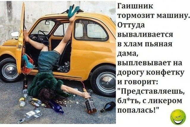 Гаишник тормозит машину Оттуда вываливается в хлам пьяная дама выплевывает на дорогу конфетку и говорит Представляешь блть с ликером попалась