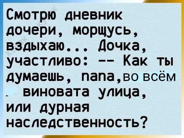 Смотрю дневник дочери морщусь вздыхаю Дочка участпиво Как ты думаешь папавовсём виновата улица или дурная наследственность