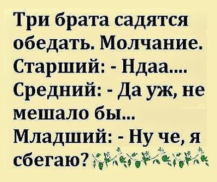 Три брата садятся обедать Молчание Старший Ндаа Средний Да уж не мешало бы Младшийт Ну че я г сбегаю Мега 453