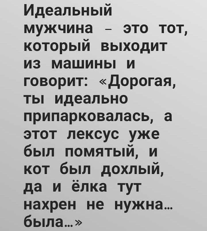 Идеальный мужчина это тот который выходит из машины и говорит Дорогая ты идеально припарковалась а этот лексус уже был помятый и кот был дохлый да и ёлка тут нахрен не нужна была