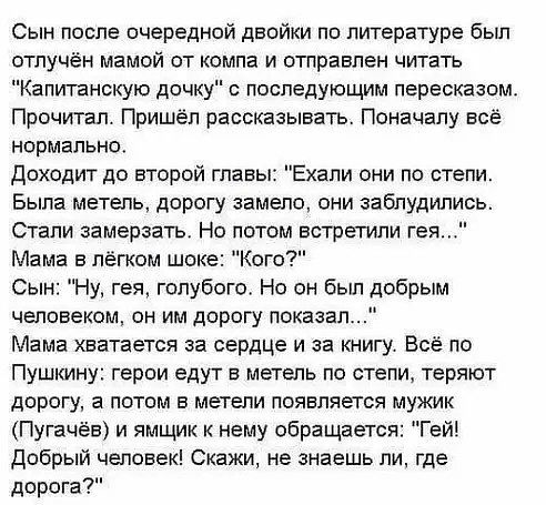 Сын после очередной двойки по литературе был отлучён мамой от компа и отправлен читагь Капитанокую дочку последующим пересказом Прочитал Пришел рассказывать Поначалу всё нормально Доходит до второй главы Ехали они по степи Была метель дорогу замепо они заблудились Стали замерзать Но потом встретили гея Мама в легком шоке Кого Сын Ну гея голубого Но он бьш добрым человеком он им дорогу показал Мама