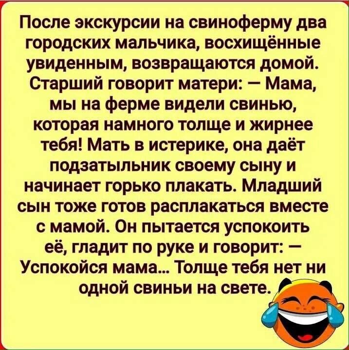 После экскурсии на свиноферму два городских мальчика восхищённые увиденным возвращаются домой Старший говорит матери Мама мы на ферме видели свинью которая намного толще и жирнее тебя Мать в истерике она даёт подзатыльник своему сыну и начинает горько плакать Младший сын тоже готов расплакаться вместе с мамой Он пытается успокоить её гладит по руке и говорит Успокойся мама Толще тебя нет ни одной 
