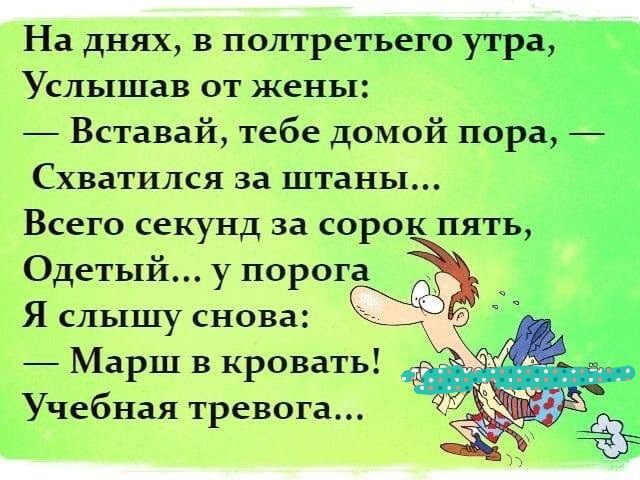 На днях в полтретьего Услышав от жены Вставай тебе домой пора Схватился за штаны Всего секунд за сорок пять 5 Одетый у порога Я слышу снова Марш в кровать Учебная тревога