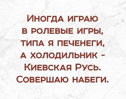 ИногдА ИГРАЮ в РОЛЕВЫЕ игры ТИПА я ПЕЧЕНЕГИ А холодильник КИЕВСКАЯ Русь СОВЕРШАЮ НАБЕГИ