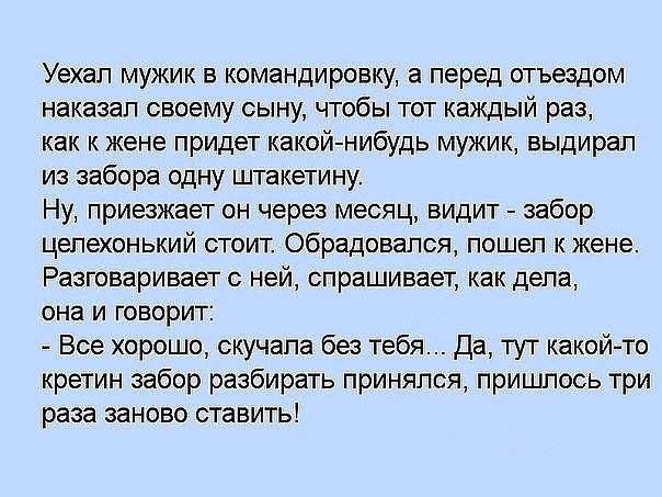 Уехал мужик в командировку а перед отъездом наказал своему сыну чтобы тот каждый раз как к жене придет какой нибудь мужик выдирап из забора одну штакетину Ну приезжает он через месяц видит забор цепехонький стоит обрадовался пошел к жене Разговаривает с ней спрашивает как дела она И ГОВОРИТ Все хорошо скучала без тебя Да тут какой то кретин забор разбирать принялся пришлось три раза заново ставить