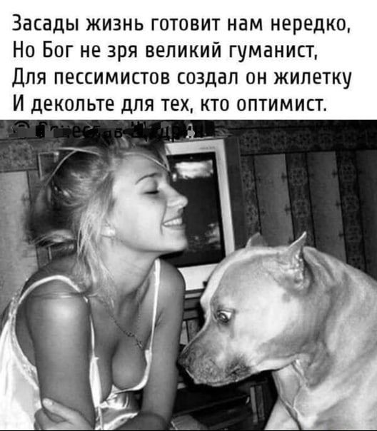 Засады жизнь готовит нам нередко Но Бог не зря великий гуманист Для пессимистов создал он жилетку И декольте для тех кто оптимист