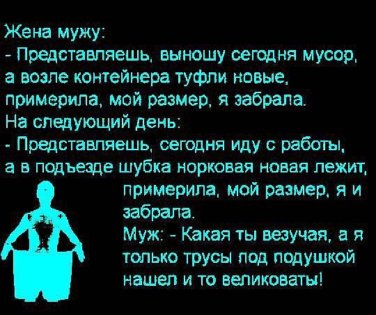 Жена мужу Представляешь выношу сегодня мусор а возле контейнера туфли новые примерипа мой размер я забрала На следующий день Представляешь сегодня иду работы а в подъезде шубка норковая новая лежит примерипа мой размер я и забрала Муж Какая ты везучая а я только трусы под подушкой нашел и то вепиковаты