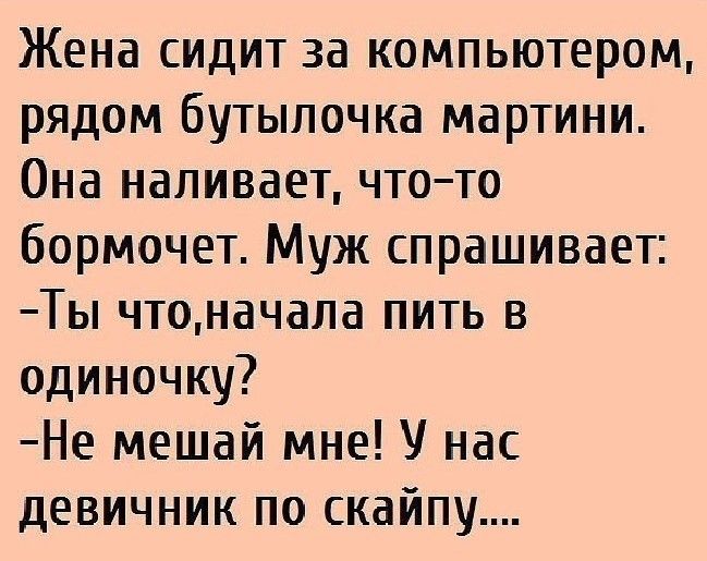 Жена сидит за компьютером рядом бутылочка мартини Она наливает чтото бормочет Муж спрашивает Ты чтоначала пить в одиночку Не мешай мне нас девичник по скайпу