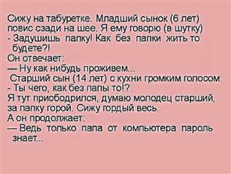 Сижу а табуретка Младший сынок 6 лет повис сзади на шее Я ему говорю в шутку задушишь папкуі Как ба папки жить то будете Он ствечает Ну как нибудь проживем Огарший сын 16 лет с кухни громким шпооом Ты чего как без папы то Ятут приободрилш думаю молодец старший за папку горой Сижу гордый весь А он продолжает Ведь только папа ат компьтере парппь знает