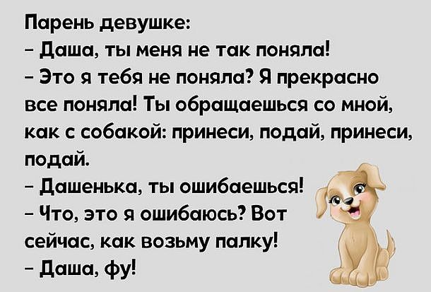 Парень девушке даша ты меня не так поняла Это я тебя не поняла Я прекрасно все поняла Ты обращаешься со мной как с собакой принеси подай принеси подай _ дашенька ты ошибаешься д Что это я ошибаюсь Вот к сейчас как возьму палку дфу Х
