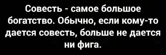 Совесть самое большое богатство Обычно если кому то дается совесть больше не дается ни фига