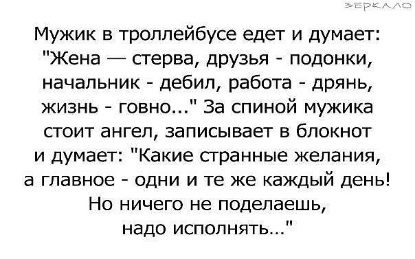 Мужик в троллейбусе едет и думает Жена стерва друзья подонки начальник дебил работа дрянь жизнь говно За спиной мужика стоит ангел записывает в блокнот и думает Какие странные желания а главное одни и те же каждый день Но ничего не поделаешь надо исполнять