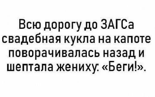 Всю дорогу до ЗАГСа свадебная кукла на капоте поворачивапась назад и шептала жениху Беги