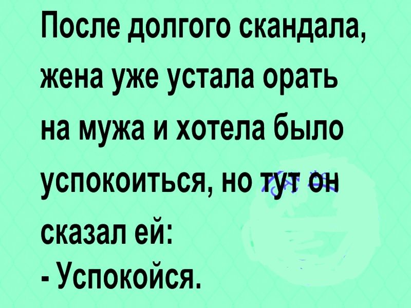 После долгого скандала жена уже устала орать на мужа и хотела было успокоиться но тут он сказал ей Успокойся