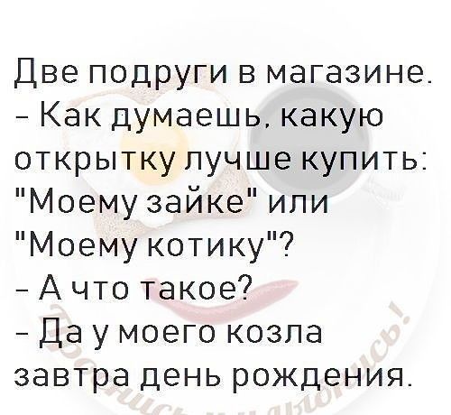 Две подруги в магазине Как думаешь какую открытку лучше купить Моему зайке или Моему котику А что такое Да у моего козпа завтра день рождения