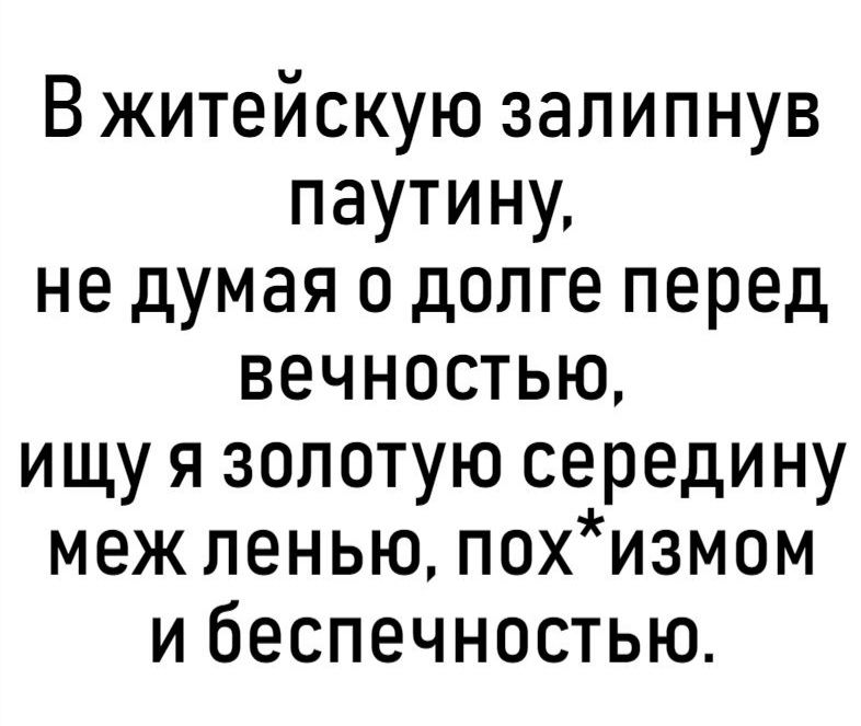 Вжитейскую залипнув паутину не думая о долге перед вечностью ищуя золотую середину меж ленью похизмом и беспечностью