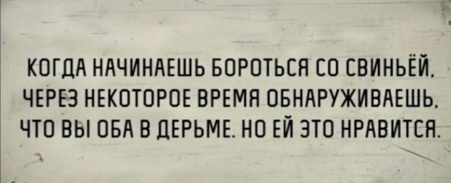 КОГДА НАЧИНАЕШЬ БОРОТЬСЯ СО СВИНЬЁЙ ЧЕРЕЗ НЕКОТОРОЕ ВРЕМЯ ОБНАРУЖИВАЕШЬ ЧТО ВЫ ОБА В ДЕРЬМЕ НО ЕЙ ЗТО НРАВИТСЯ