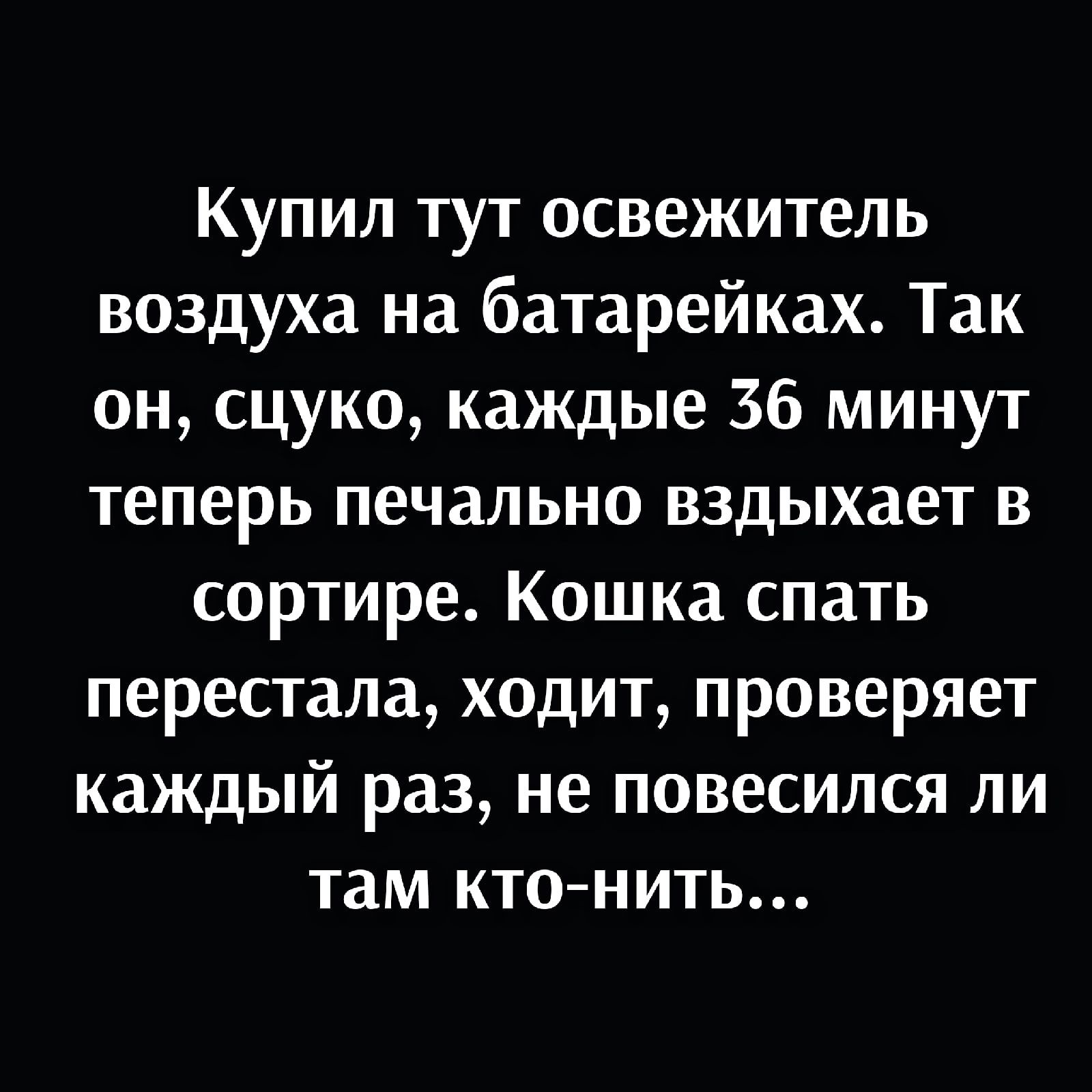 Купил тут освежитель воздуха на батарейках Так он сцуко каждые 36 минут теперь печально вздыхает в сортире Кошка спать перестала ходит проверяет каждый раз не повесился ли там кто нить