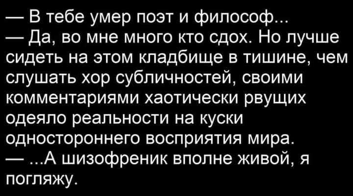 В тебе умер поэт и философ Да во мне много кто сдох Но лучше сидеть на этом кладбище в тишине чем слушать хор субличностей своими комментариями хаотически рвущих одеяло реальности на куски одностороннего восприятия мира А шизофреник вполне живой я погляжу
