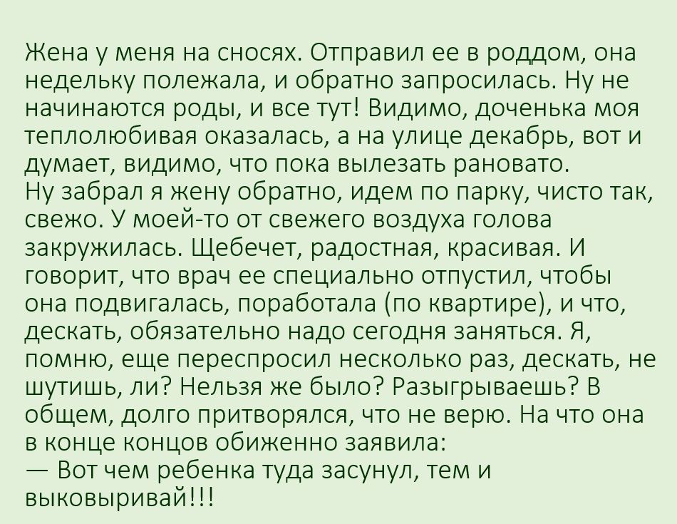Жена у меня на сносях Отправил ее в роддом она недельку полежала и обратно запросилась Ну не начинаются роды и все тут Видимо доченька моя теплолюбивая оказалась а на улице декабрь вот и думает видимо что пока вылезать рановато Ну забрал я жену обратно идем по парку чисто так свежо У моейто от свежего воздуха голова закружилась Щебечет радостная красивая И говорит что врач ее специально отпустил ч
