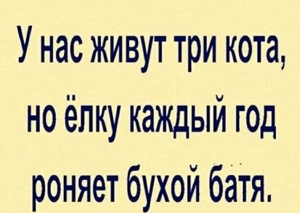 У нас живут три кота но ёлку каждый г0д роняет бухой баТЯ
